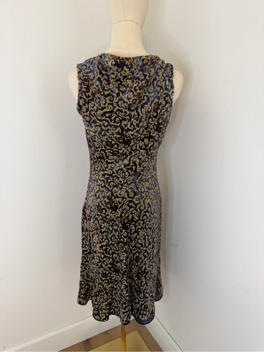 Peruvian Connection Velvet Blue & Gold Cowl-Neck Midi Dress Size 8 - Picture 7 of 8